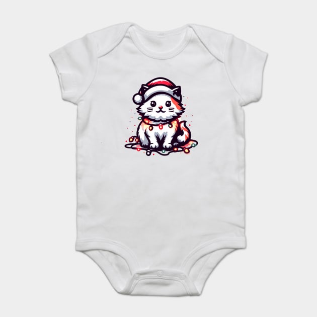 Cute Christmas Cat Santa Hat Christmas Lights Adorable Baby Bodysuit by Frank Ring